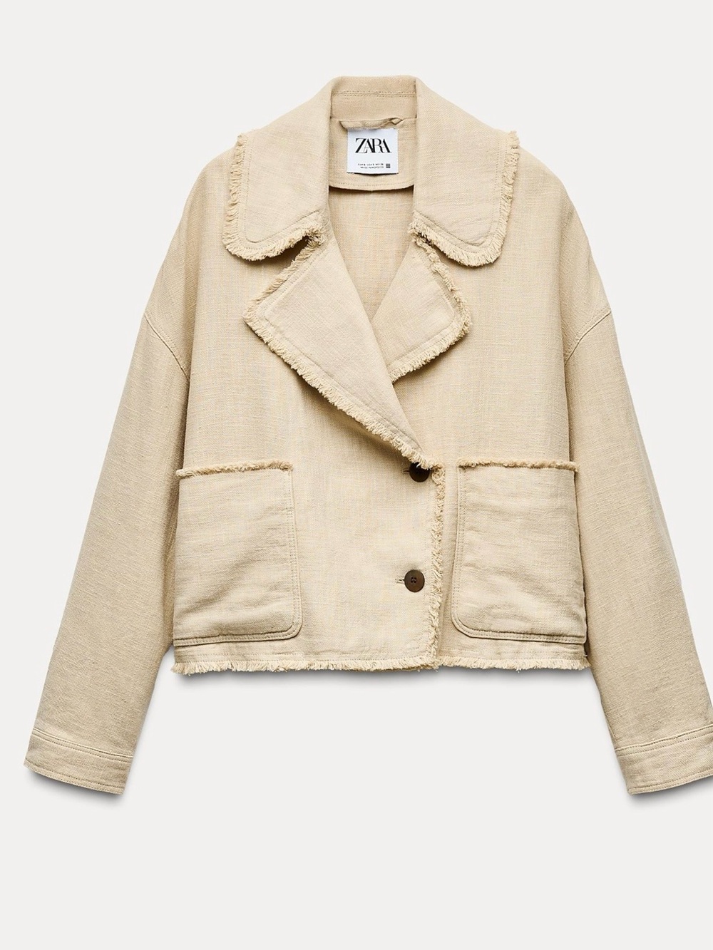 Zara Beige Frayed-Trim Boxy Jacket